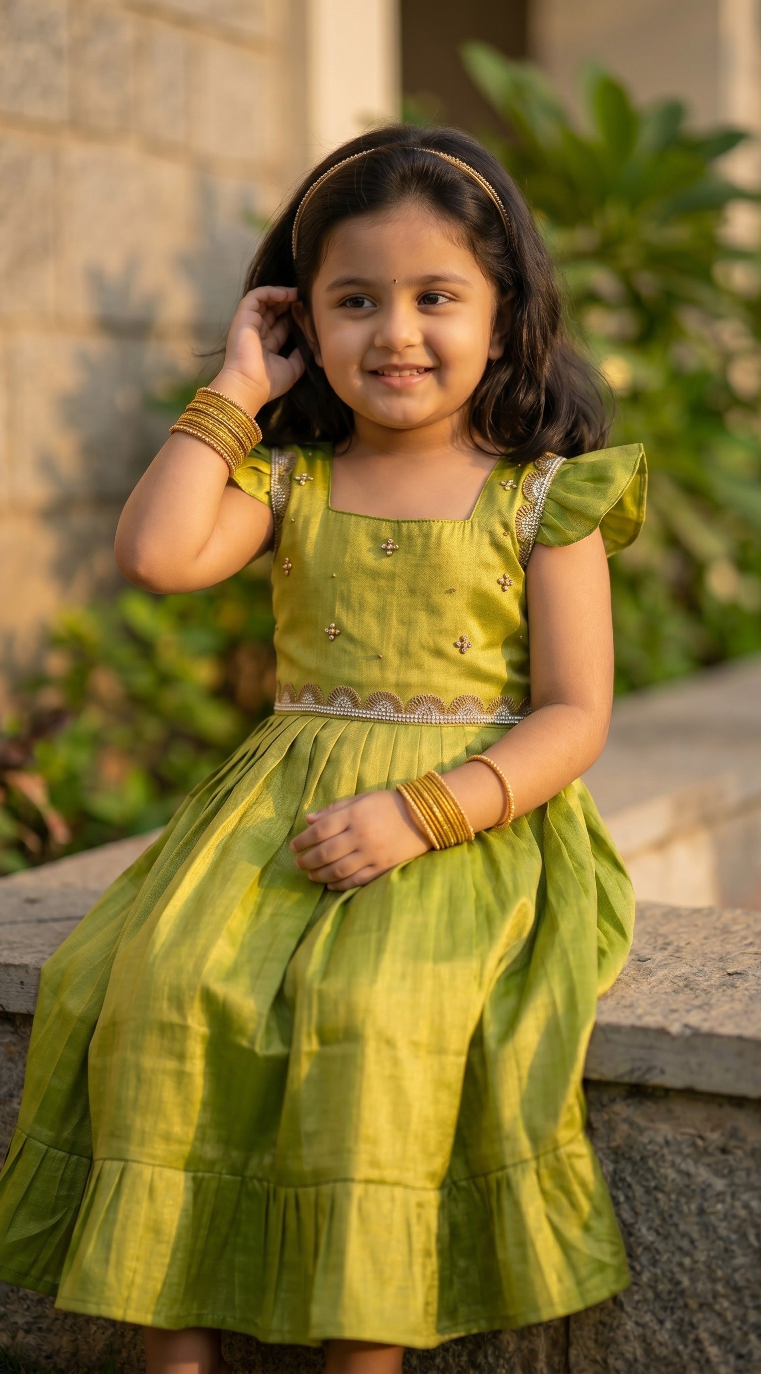 Laya - Green Elegant Pure tissue cotton frocks for kids and children