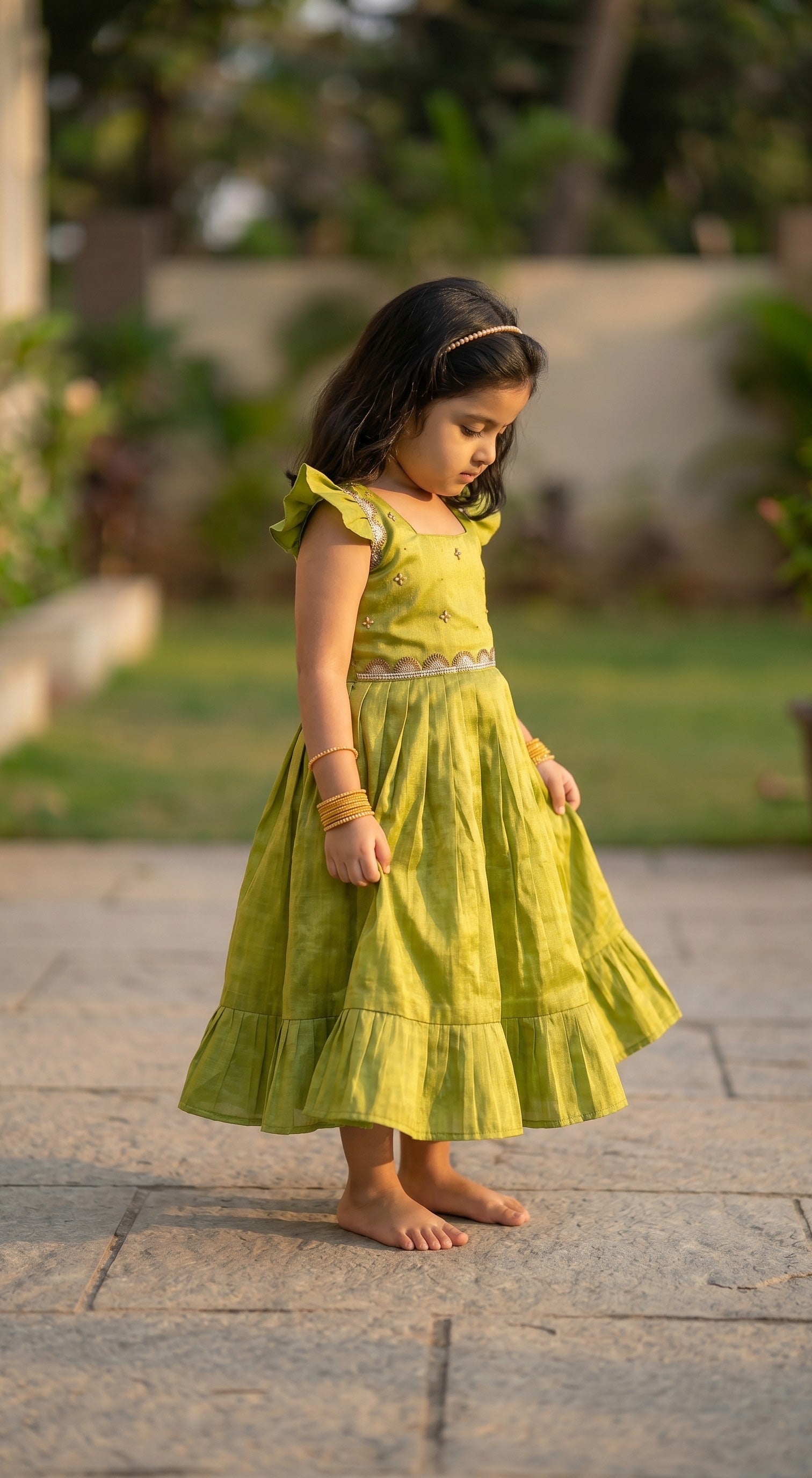 Laya - Green Elegant Pure tissue cotton frocks for kids and children
