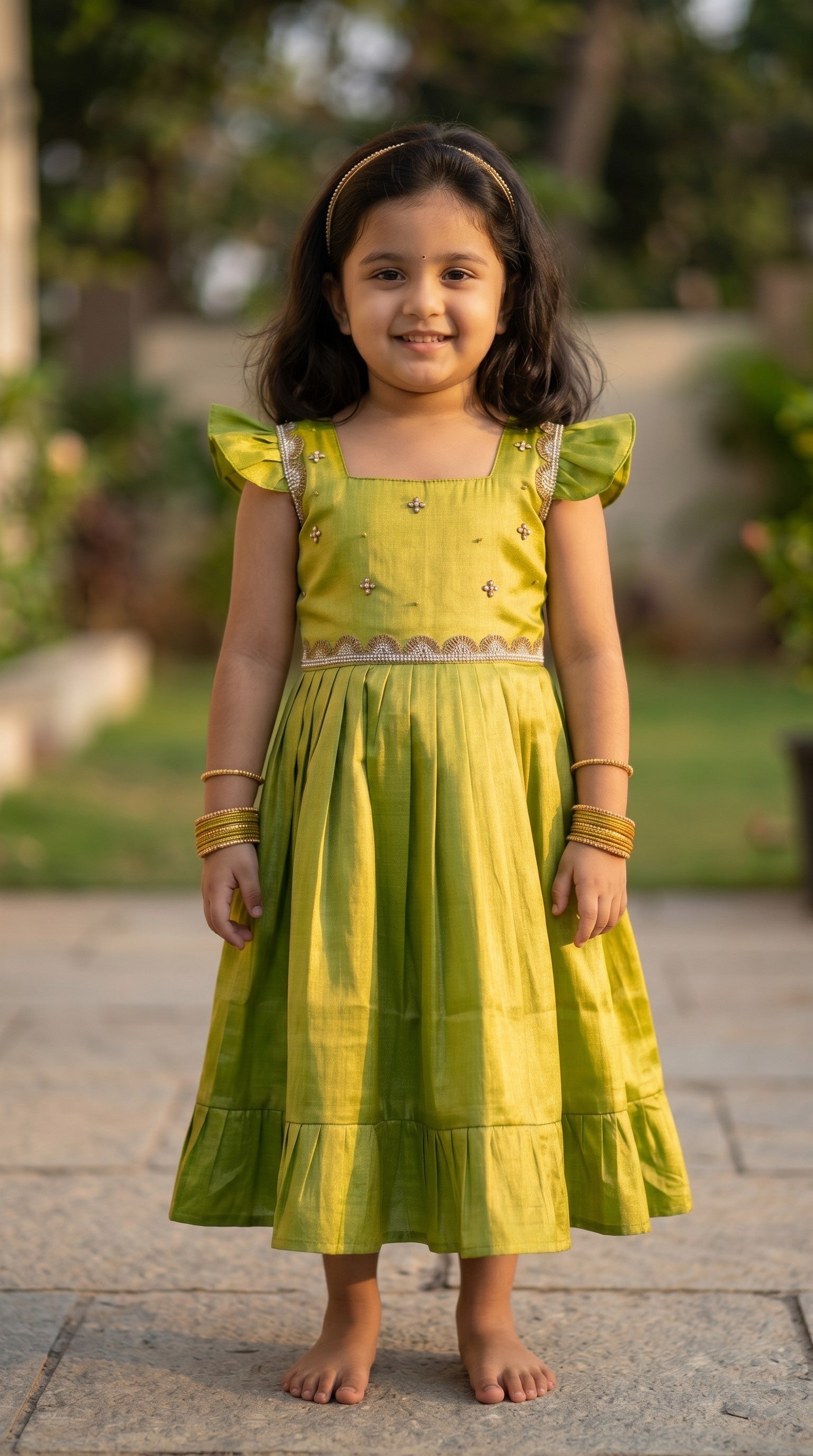 Laya - Green Elegant Pure tissue cotton frocks for kids and children