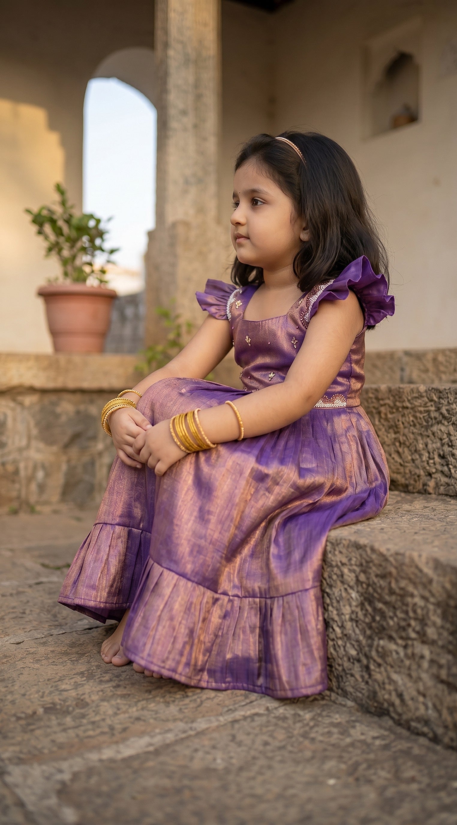 Laya -Purple with copper Elegant Pure tissue cotton frocks for kids and children