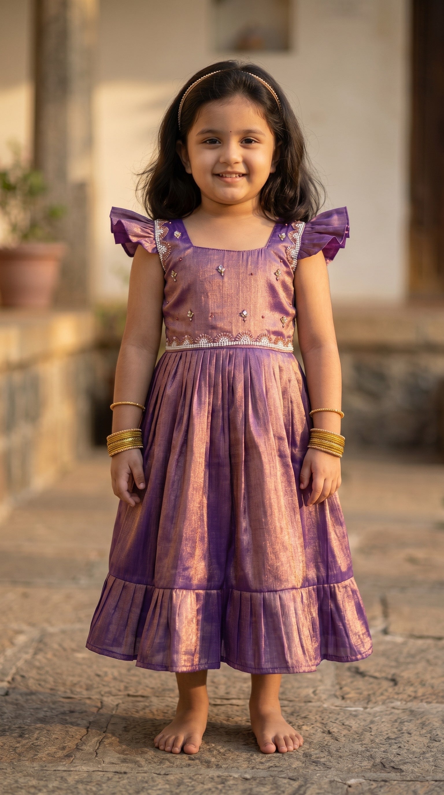 Laya -Purple with copper Elegant Pure tissue cotton frocks for kids and children
