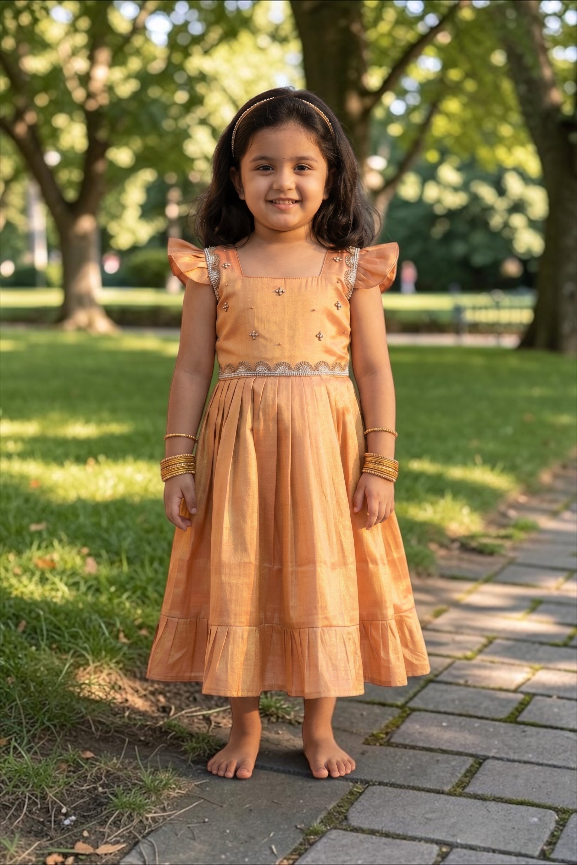 Laya -Golden peach Elegant Pure tissue cotton frocks for kids and children