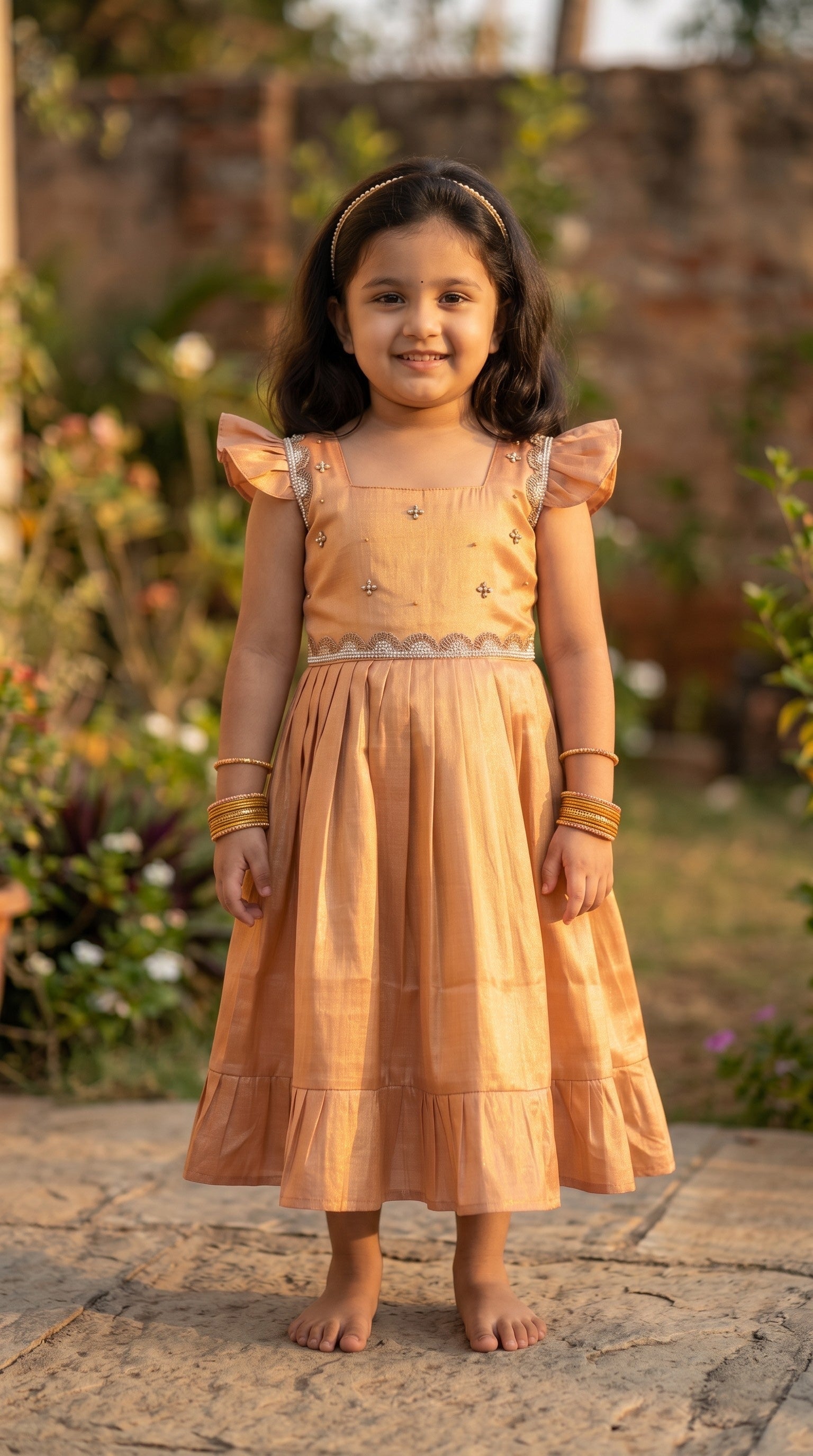 Laya -Golden peach Elegant Pure tissue cotton frocks for kids and children