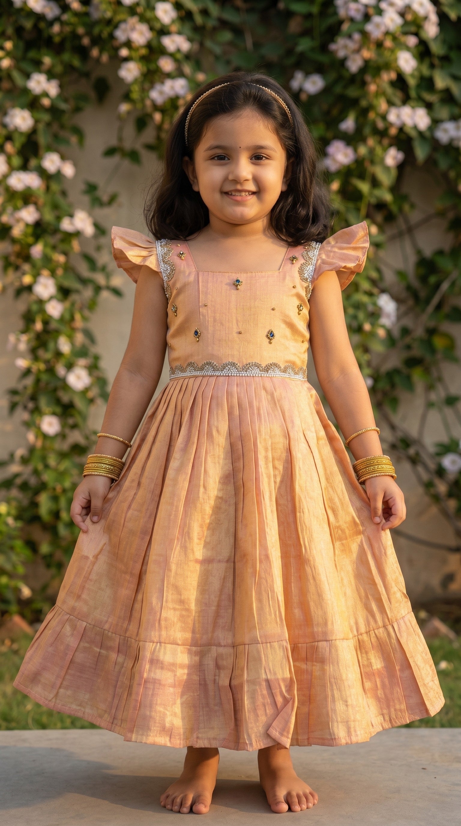 Laya -Golden peach Elegant Pure tissue cotton frocks for kids and children