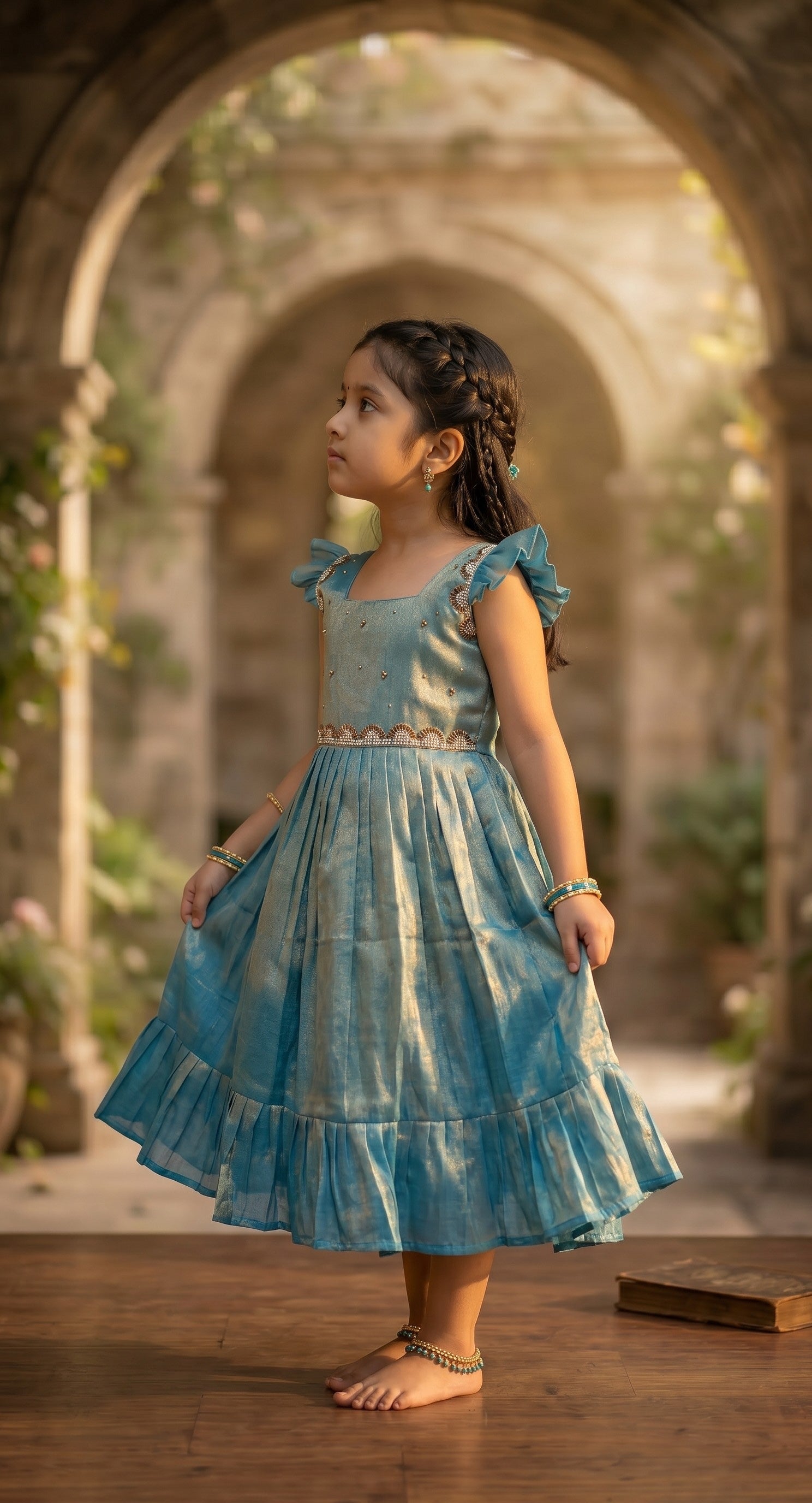 Laya -Sky blue with gold Elegant Pure tissue cotton frocks for kids and children