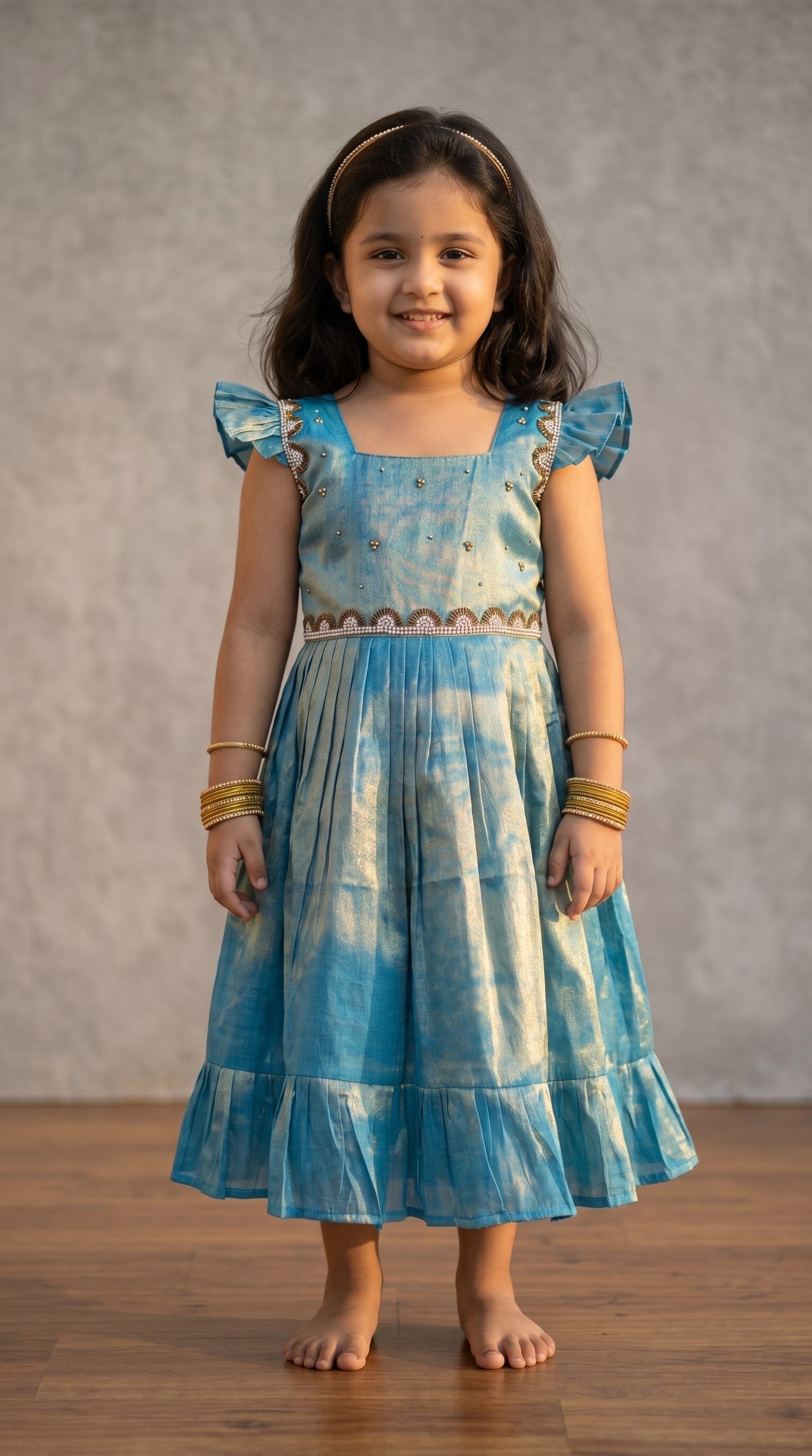 Laya -Sky blue with gold Elegant Pure tissue cotton frocks for kids and children