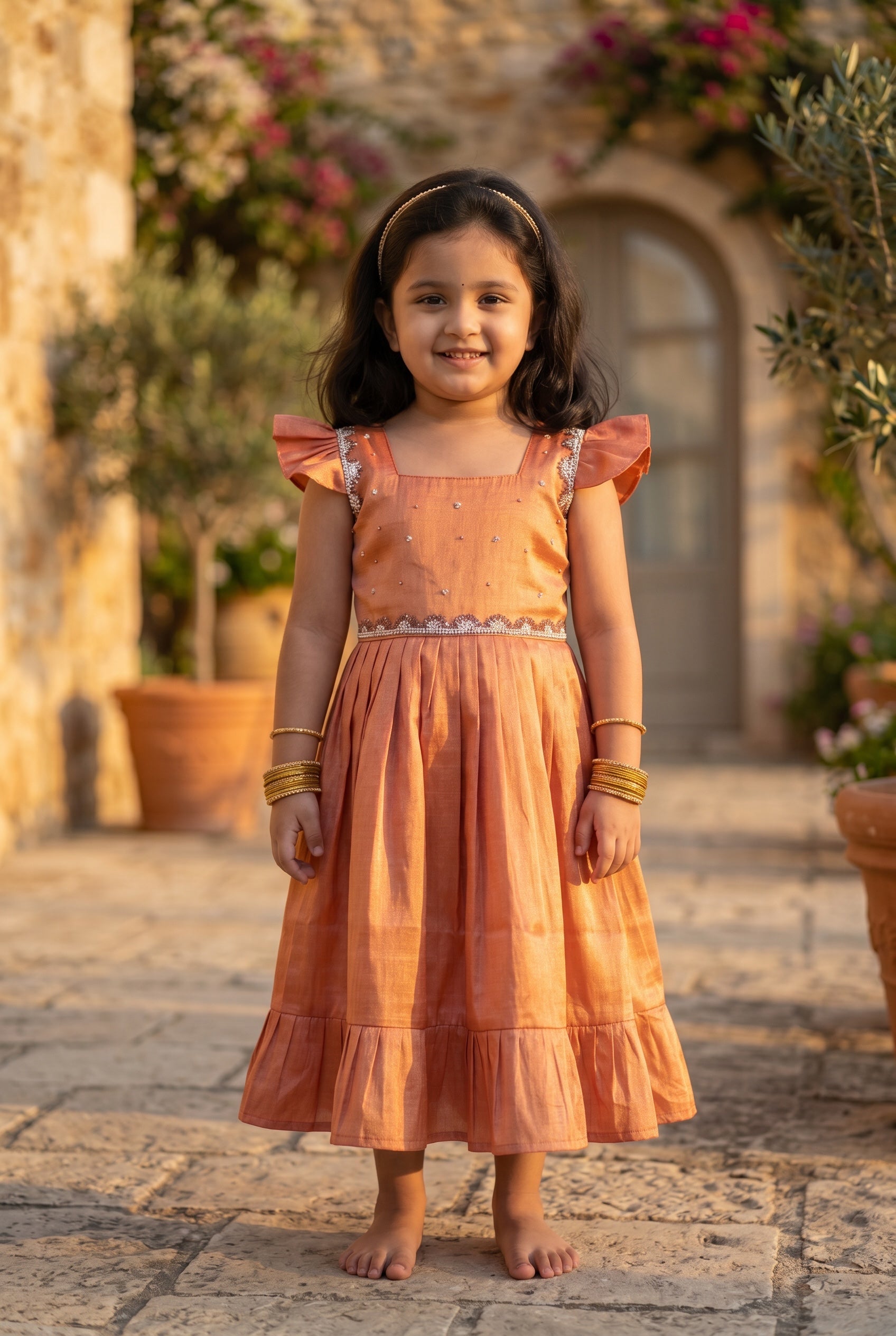 Laya - Rust orange Elegant Pure tissue cotton frocks for kids for children
