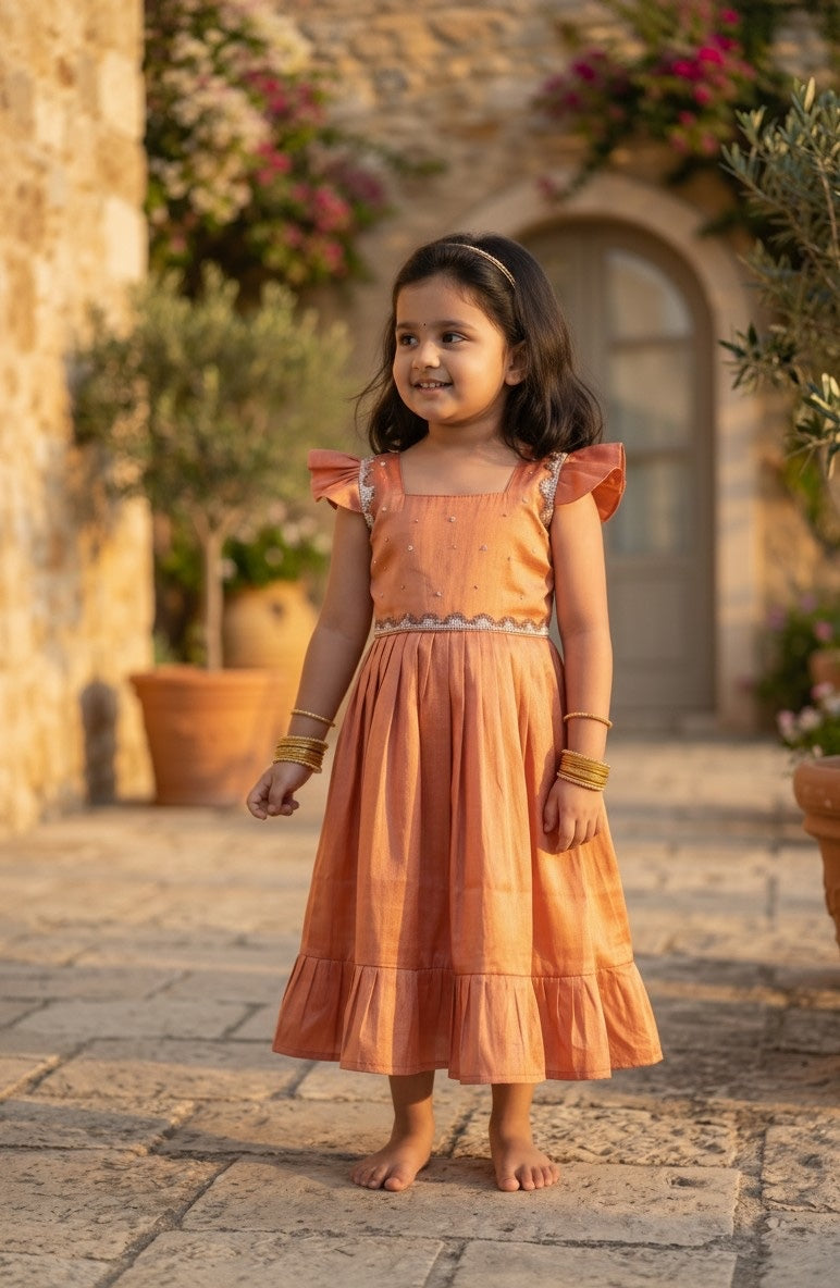 Laya - Rust orange Elegant Pure tissue cotton frocks for kids for children