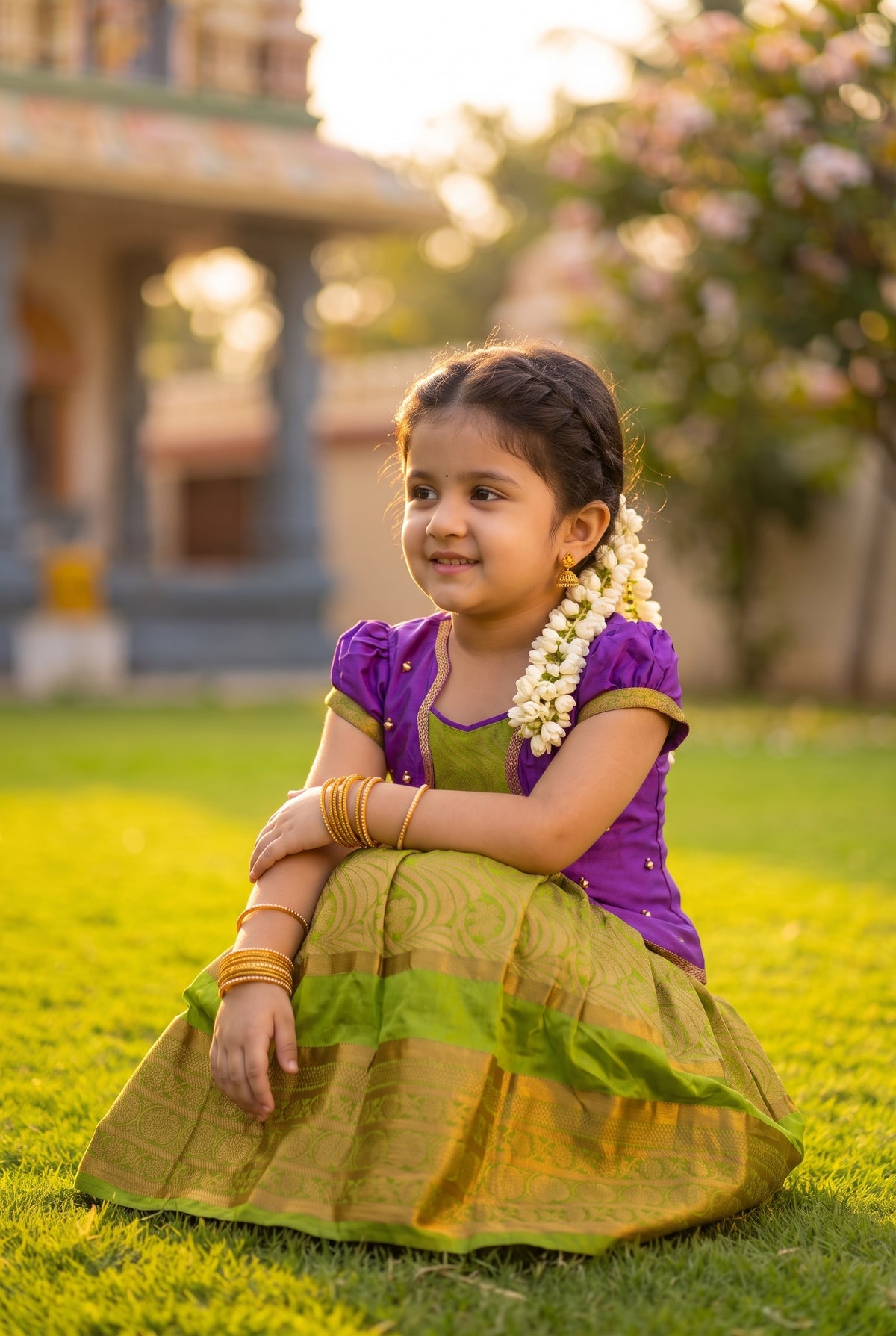 Alagi pattu pavadai purple with green for kids and children