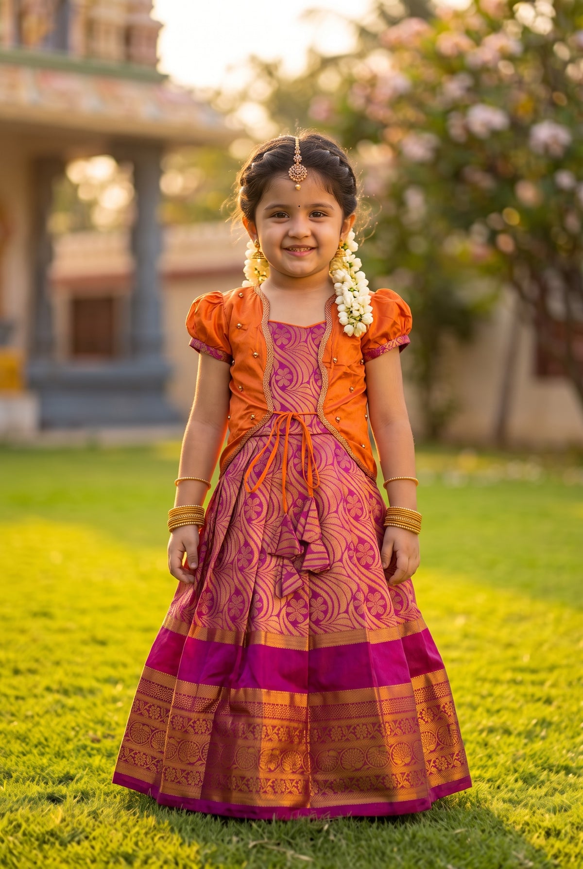 Alagi pattu pavadai Orange with Pink for kids and children