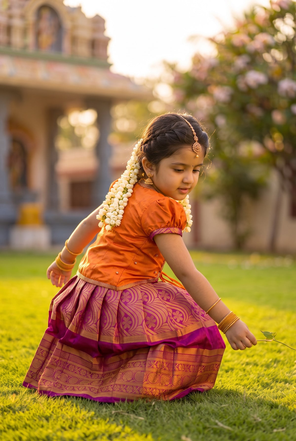 Alagi pattu pavadai Orange with Pink for kids and children