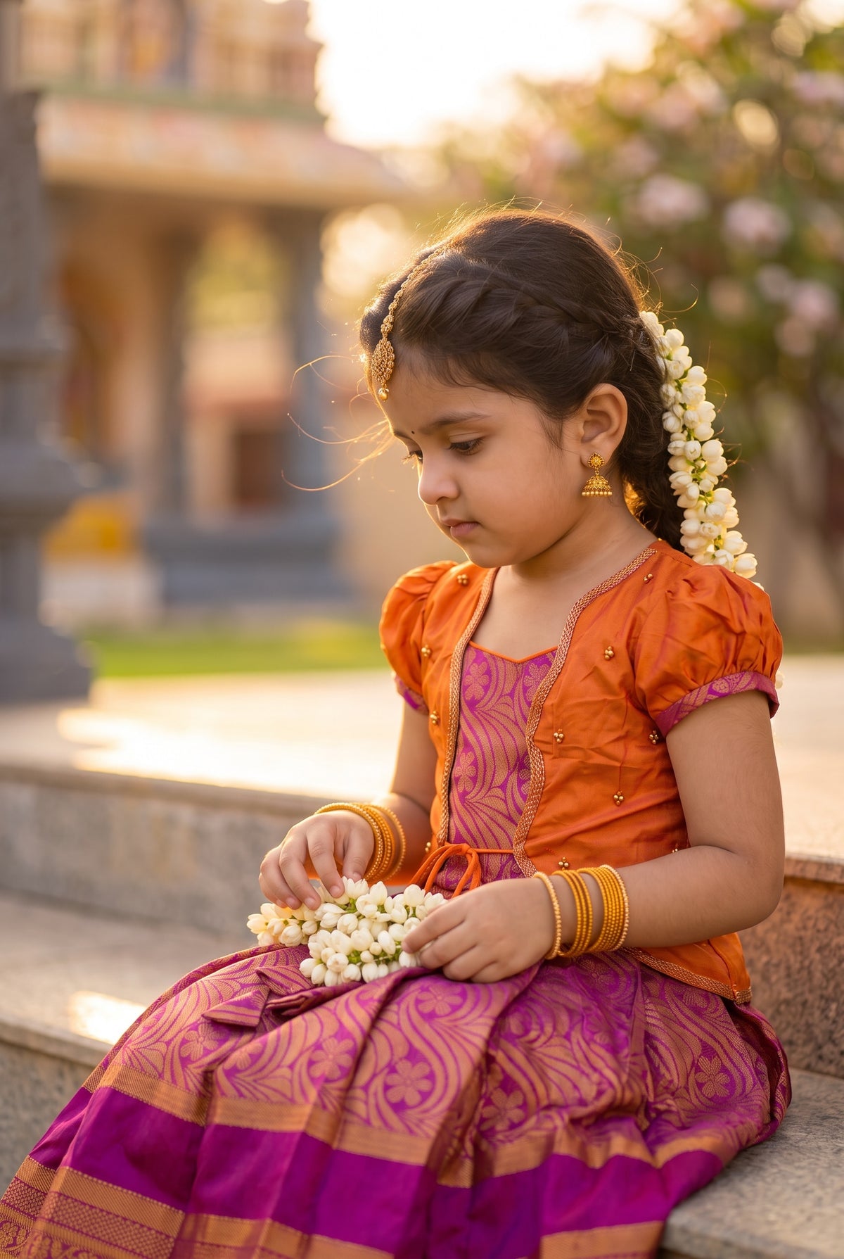 Alagi pattu pavadai Orange with Pink for kids and children