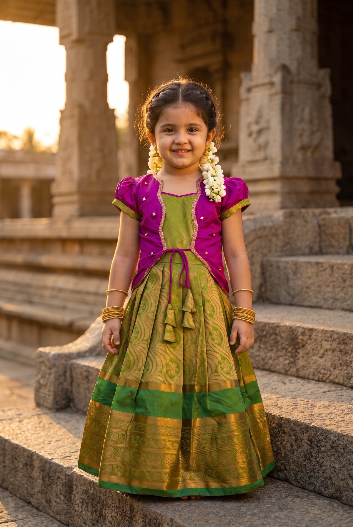 Alagi pattu pavadai pink with green for kids and children