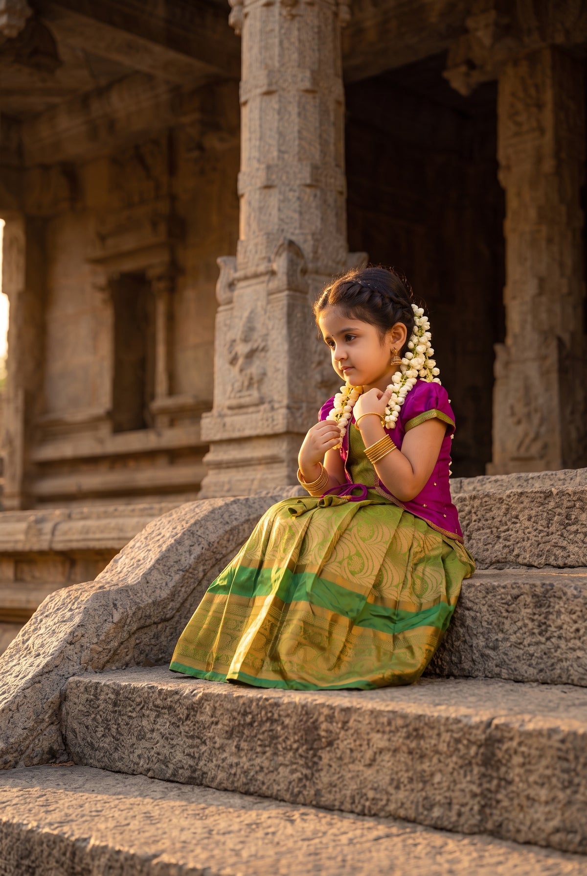 Alagi pattu pavadai pink with green for kids and children