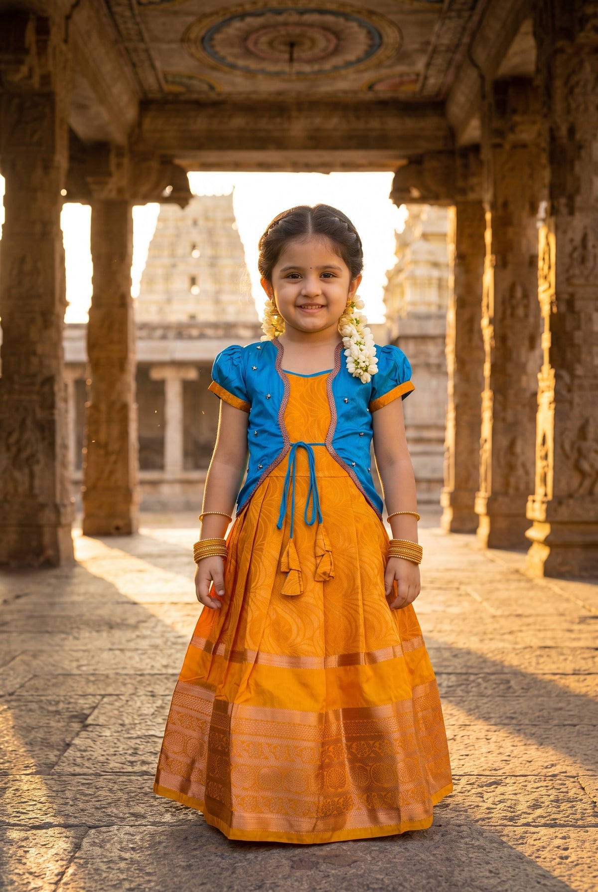 Alagi pattu pavadai Sky blue with Mango yellow for kids and children