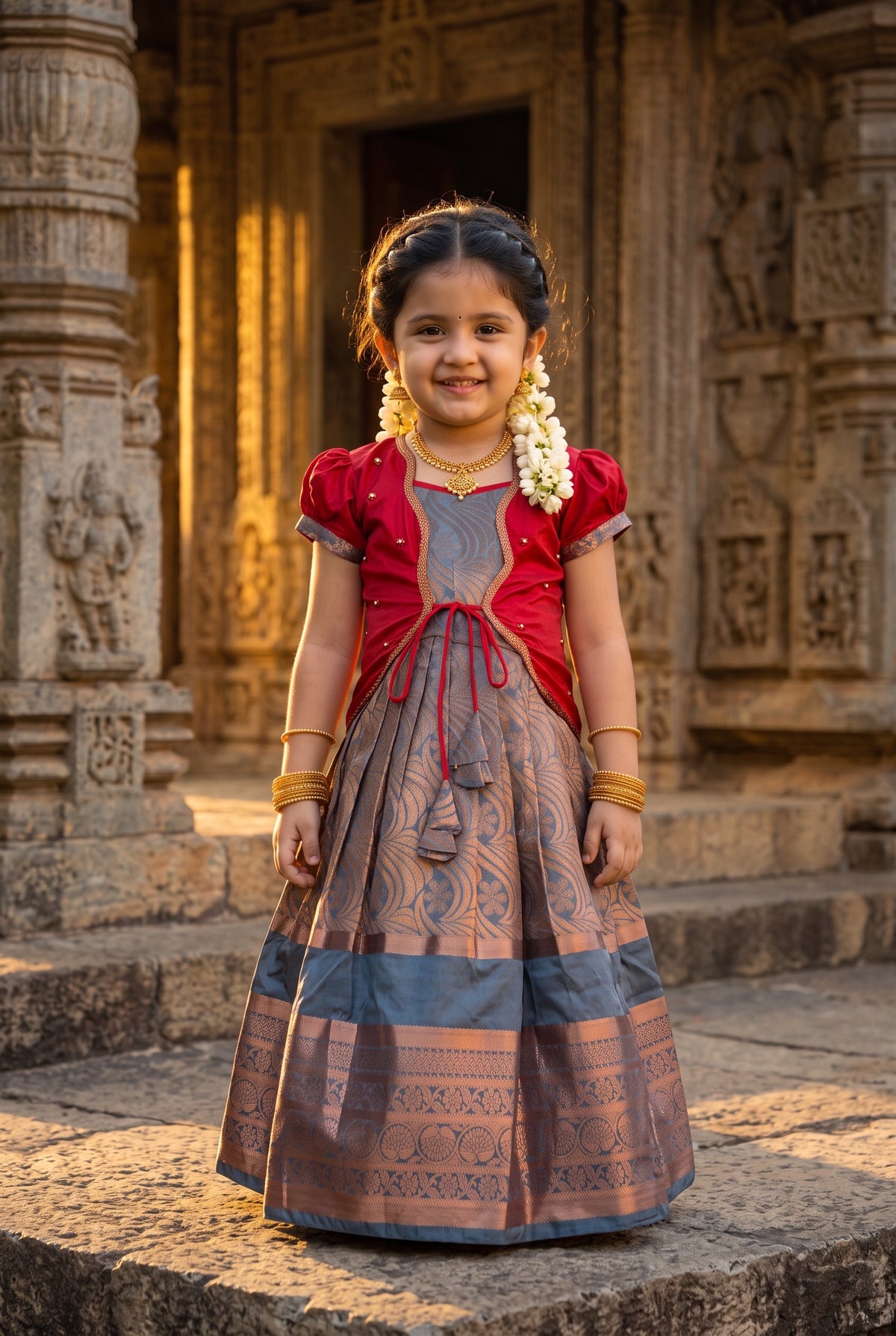 Alagi pattu pavadai elegant Red with Grey for kids and children