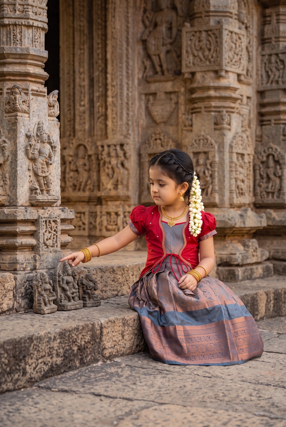 Alagi pattu pavadai elegant Red with Grey for kids and children