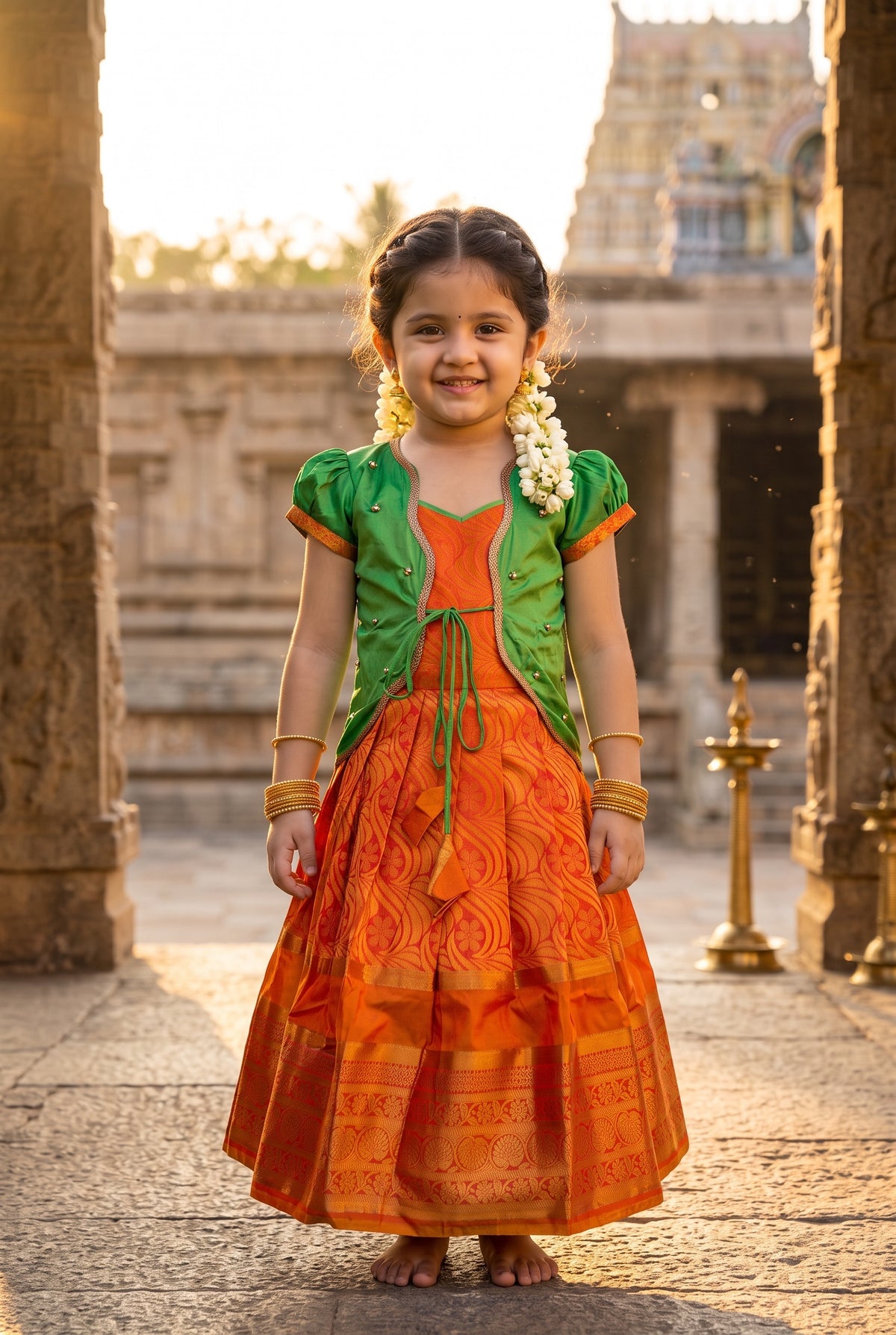 Alagi pattu pavadai green with mango yellow for kids and children