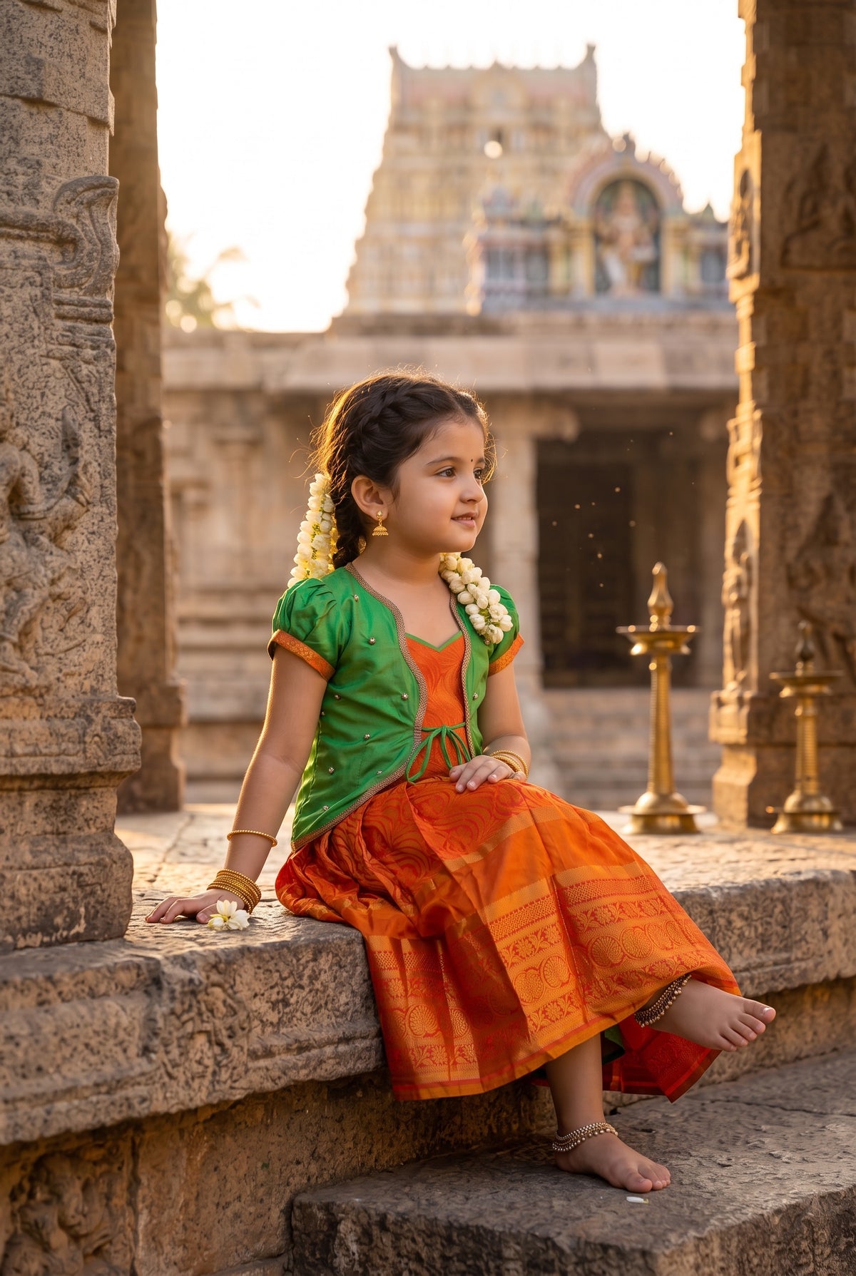 Alagi pattu pavadai green with mango yellow for kids and children