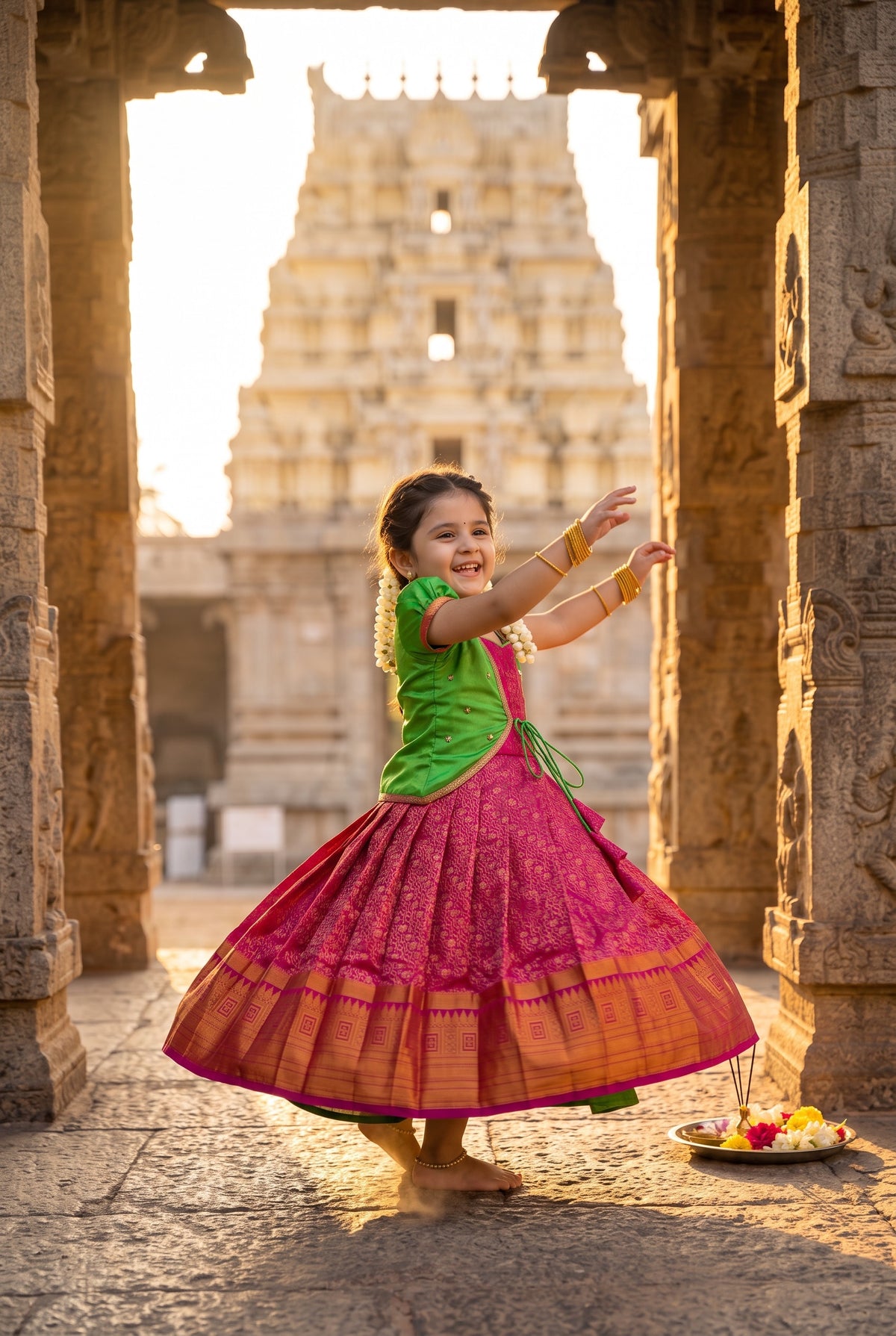 Alagi pattu pavadai Mauve pink with Green for kids and children