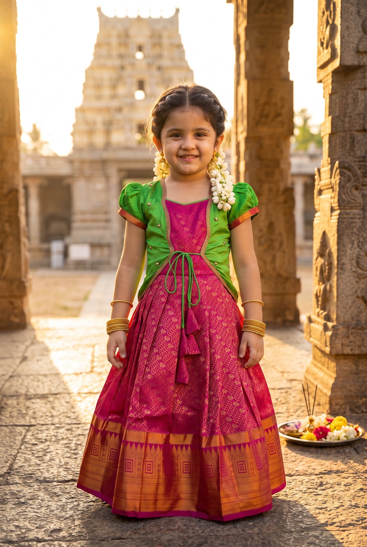 Alagi pattu pavadai Mauve pink with Green for kids and children