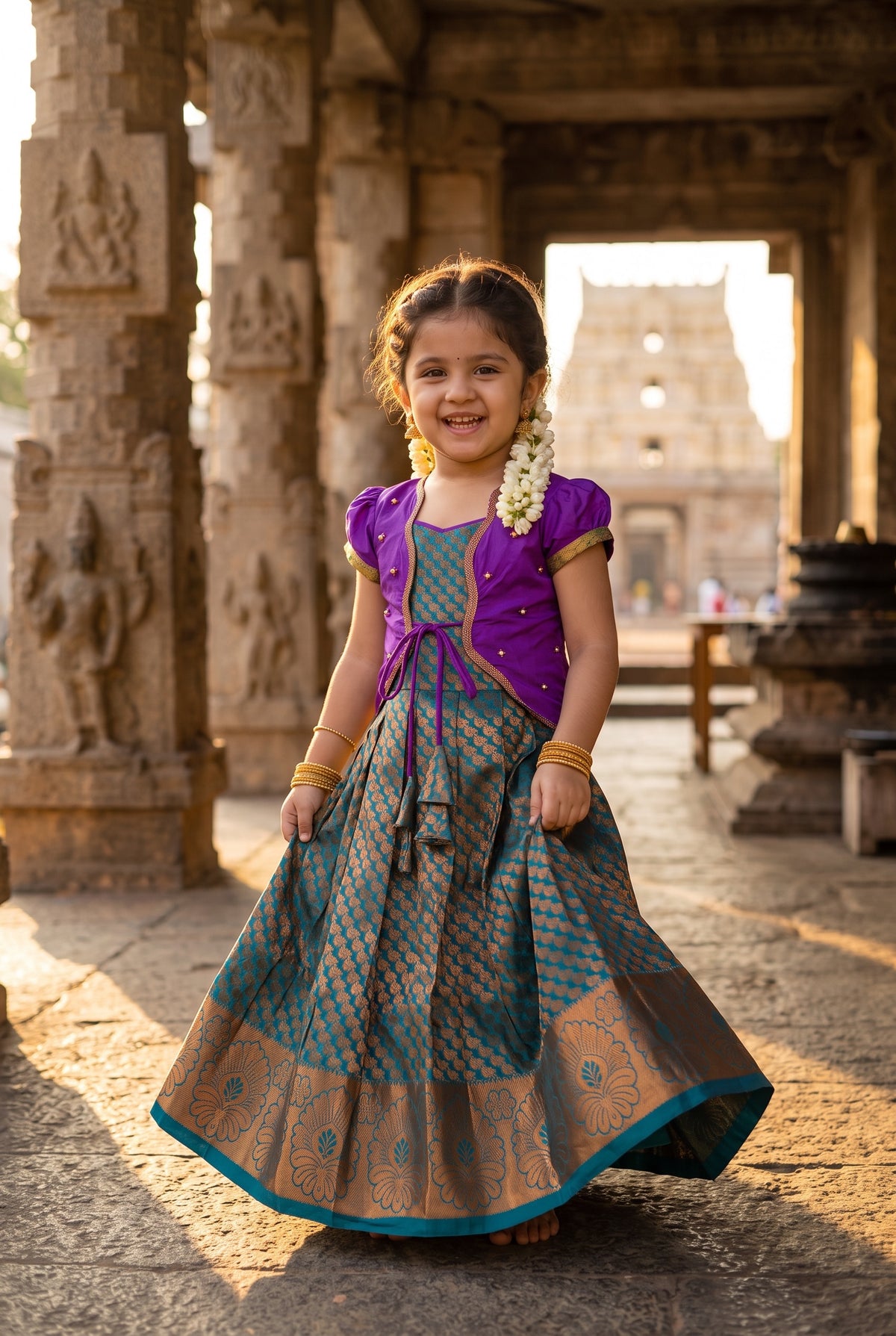 Alagi pattu pavadai purple with dark green for kids and children