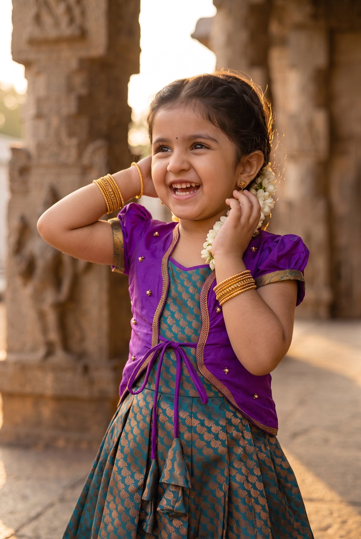 Alagi pattu pavadai purple with dark green for kids and children