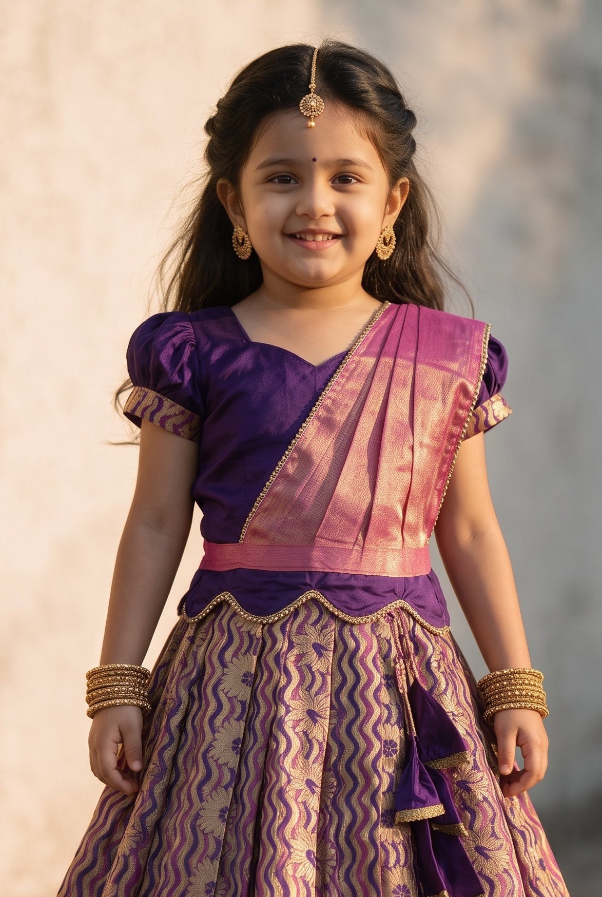 Kannamma 2 in 1 pattu pavadai purple with pink