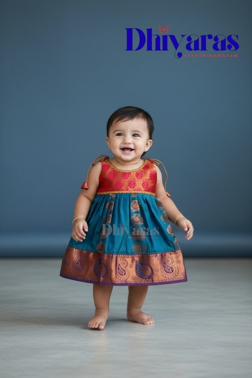 Little Dhiya - dark pink with blue tie knot frock for babies