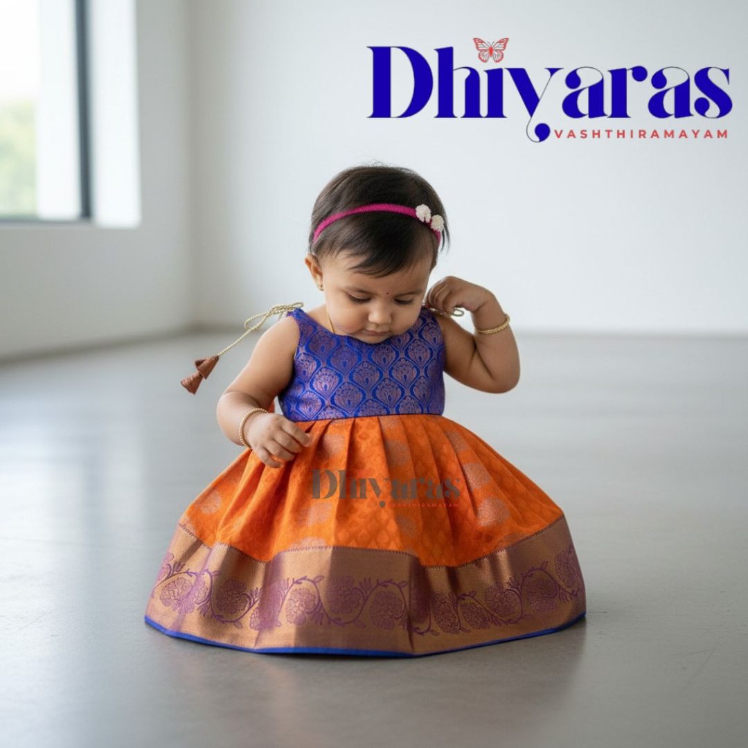 Little Dhiya - Orange blue tie knot frock for babies