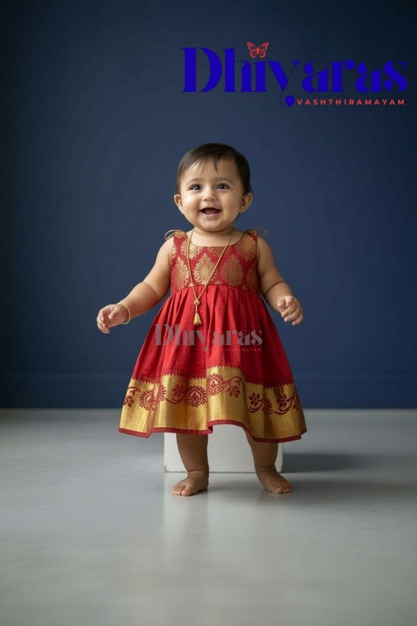 LittleDiya - red with golden zari knot frock for babies