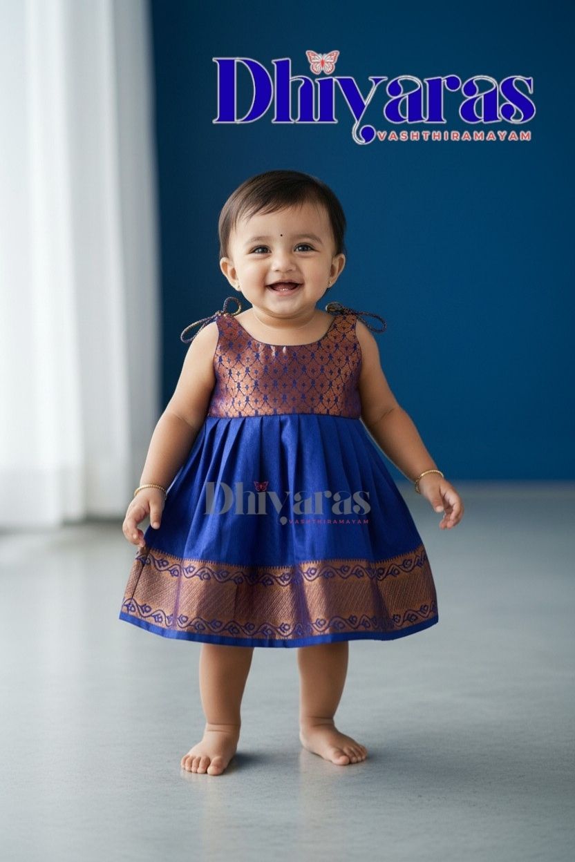 LittleDiya - Blue with copper zari design tie knot frock for babies