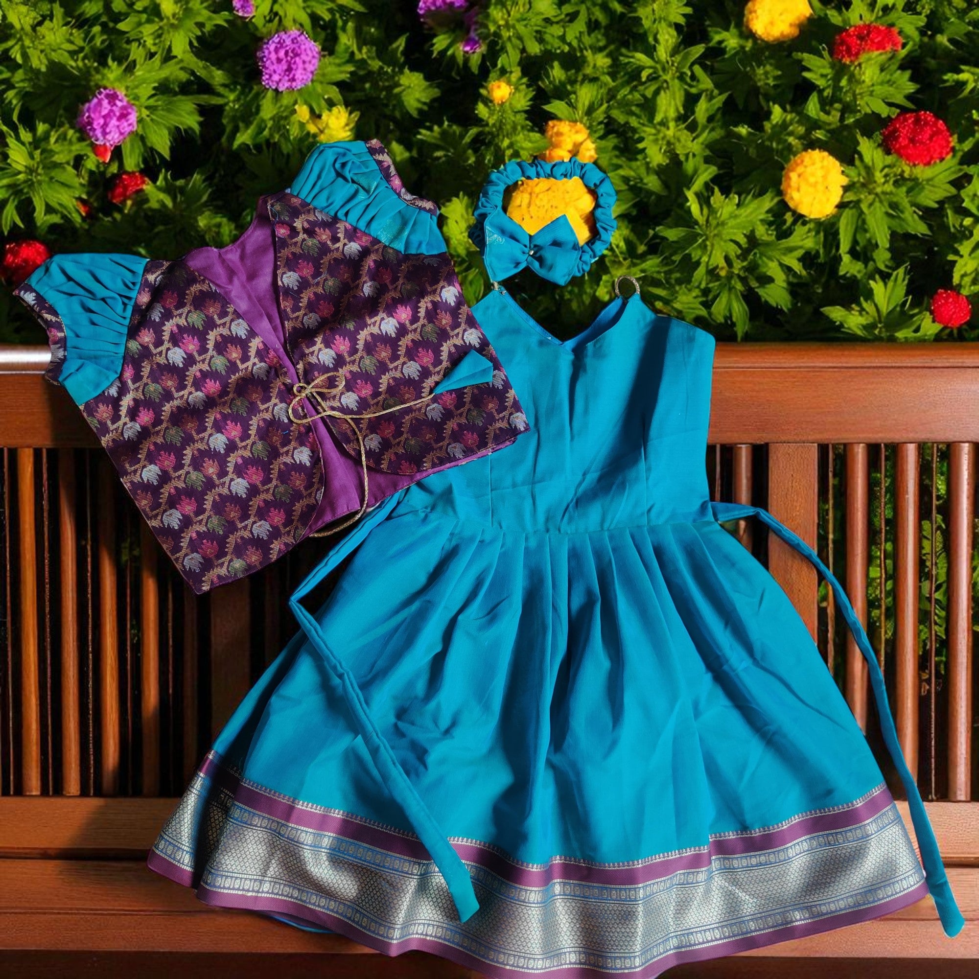 Kids cotton frock with coat and headband